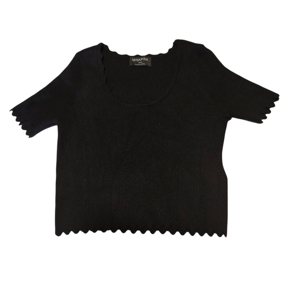 MINKPINK Black Scallop Hem Top Ribbed Stretch Fabric Short Sleeves Women size M - Picture 1 of 10